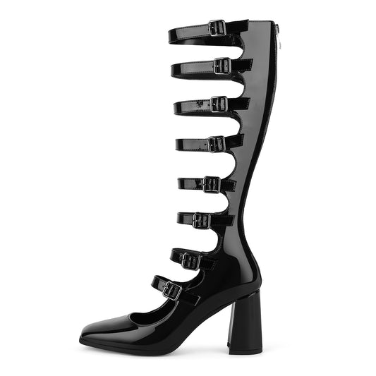 Square Toe Multi Buckle Strap Knee High Boots