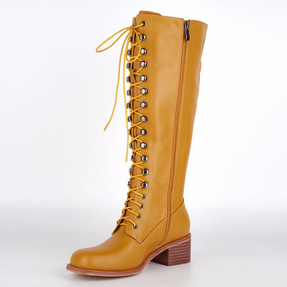 Square Toe Lace-up Chunky Heel Knee High Boots