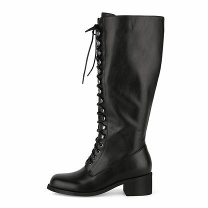 Square Toe Lace-up Chunky Heel Knee High Boots
