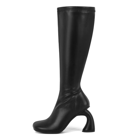 Square Toe Chunky Curved Heel Knee High Boots