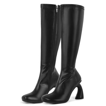 Square Toe Chunky Curved Heel Knee High Boots