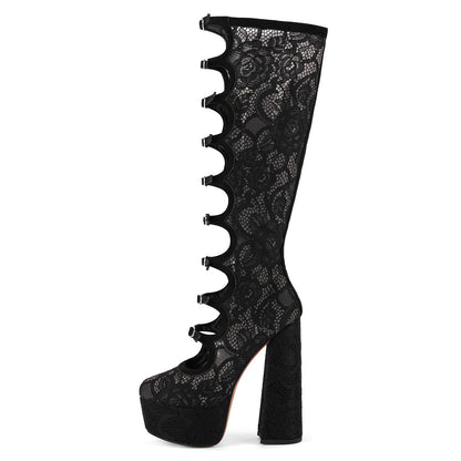 Lace Mesh Multi Buckle Strap Knee High Boots