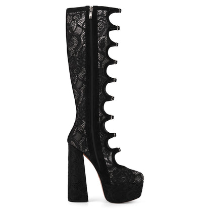Lace Mesh Multi Buckle Strap Knee High Boots