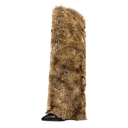 Pointed Toe Fur Fold Over Stiletto Knee High Boots