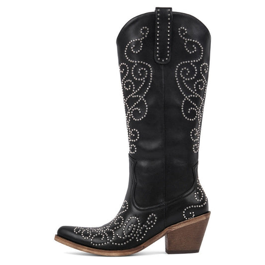 Pointed Toe Rivet Knee High Western Boots