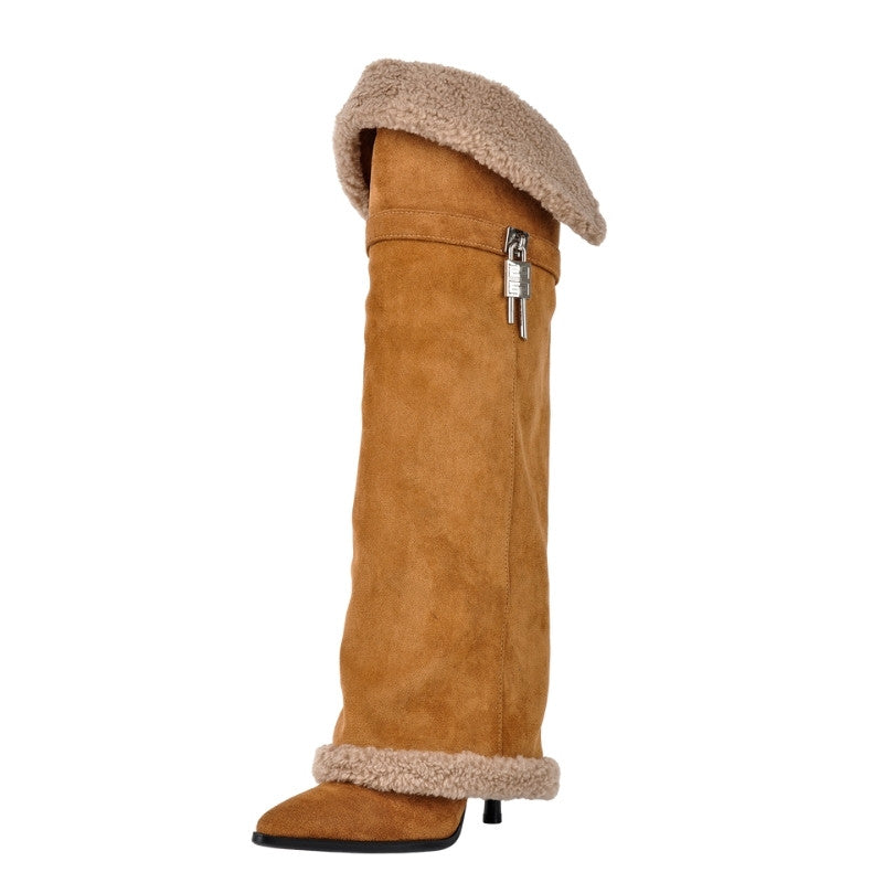 Suede Pointed Toe Lambswool Fold Over Knee High Boots