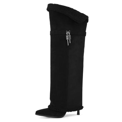 Suede Pointed Toe Lambswool Fold Over Knee High Boots