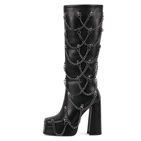 Square Toe Platform Metal Chain Knee High Boots