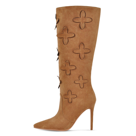 Suede Pointed Toe Floral Knee High Boots