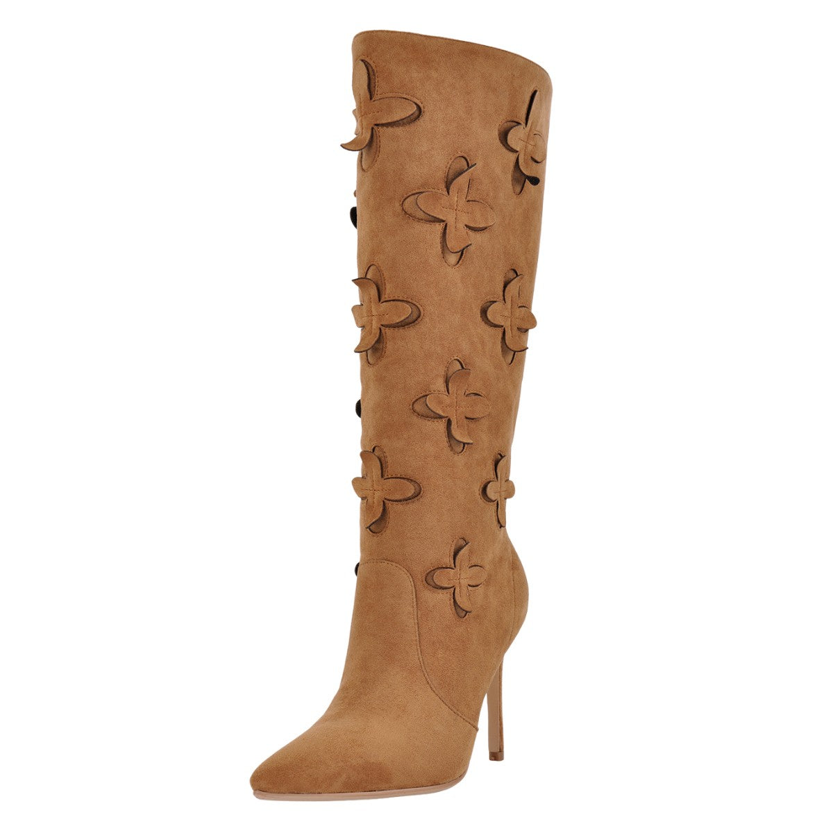 Suede Pointed Toe Floral Knee High Boots