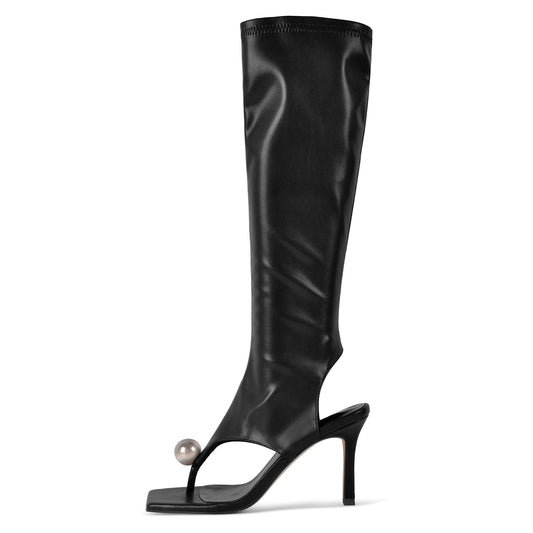 Thong Square Toe Knee High Bootie Sandals