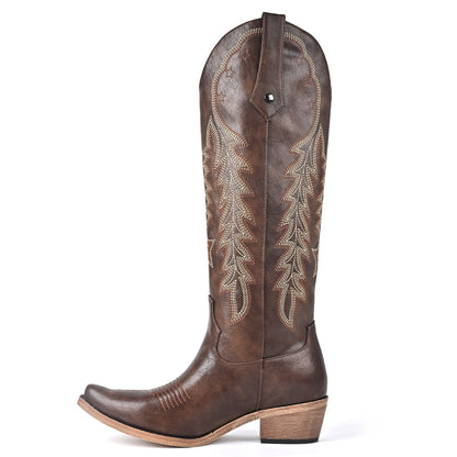 Pointed Toe Embroidery Knee High Western Boots