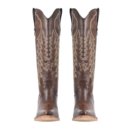 Pointed Toe Embroidery Knee High Western Boots