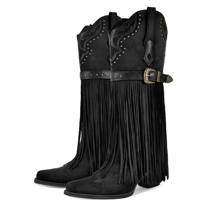 Fringe Embroidery Knee High Western Boots