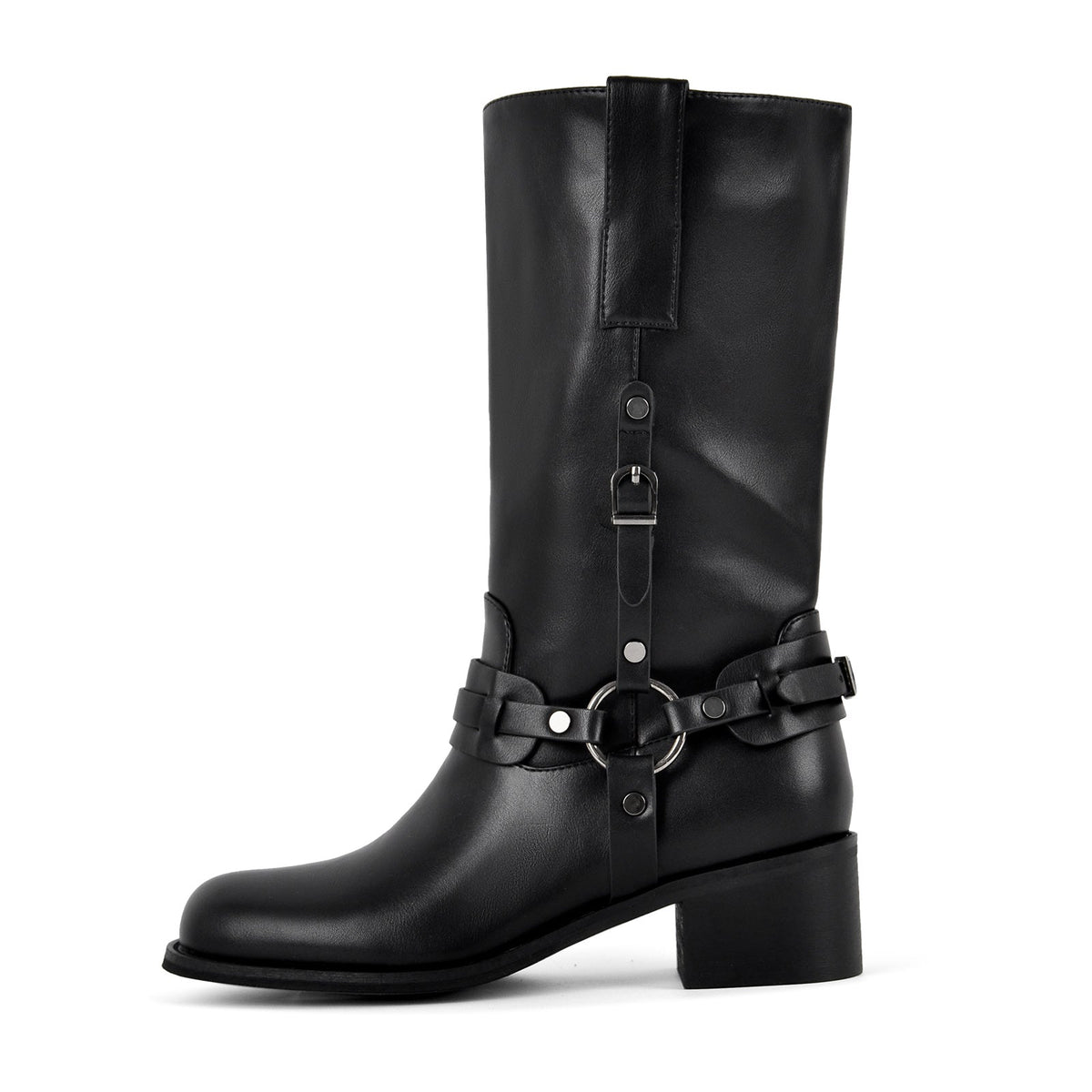 Square Toe Buckle Strap Mid-Calf Boots