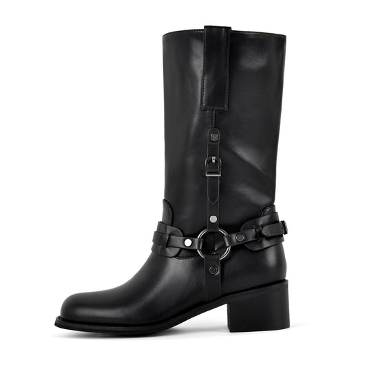 Square Toe Buckle Strap Mid-Calf Boots