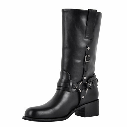 Square Toe Buckle Strap Mid-Calf Boots