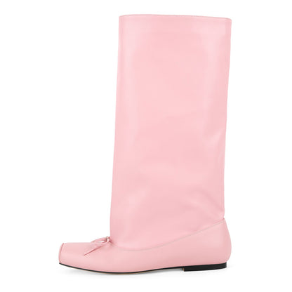 Square Toe Bow Flat Mid-Calf Boots