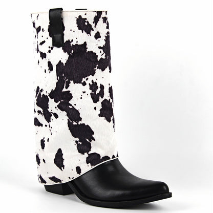 Pointed Toe Cowhide Fold Over Mid-Calf Boots