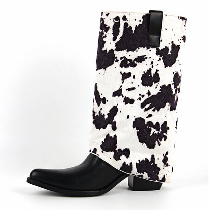Pointed Toe Cowhide Fold Over Mid-Calf Boots
