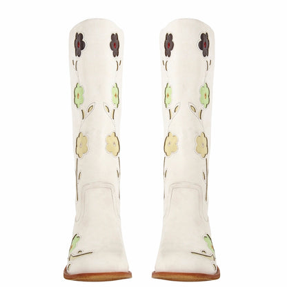 Square Toe Flower Embroidery Mid-Calf Boots