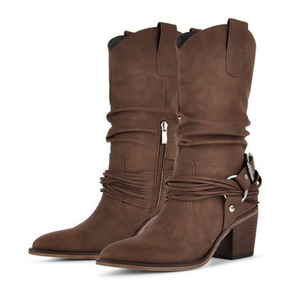 Ruched Buckle Strap Mid-Calf Western Boots