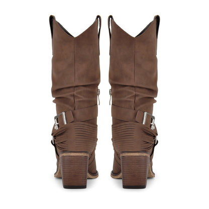 Ruched Buckle Strap Mid-Calf Western Boots