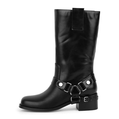 Buckle Strap Chunky Heel Mid-Calf Boots