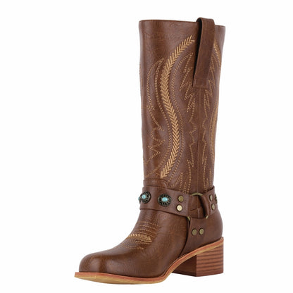 Square Toe Embroidery Stud Strap Mid-Calf Boots
