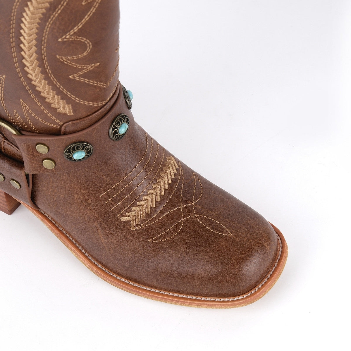 Square Toe Embroidery Stud Strap Mid-Calf Boots