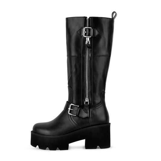 Platform Buckle Strap Zipper Mid-Calf Boots
