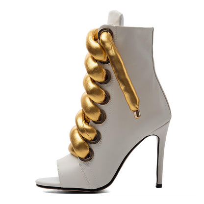 Peep Toe Thick Metallic Rope Lace-up Ankle Boots