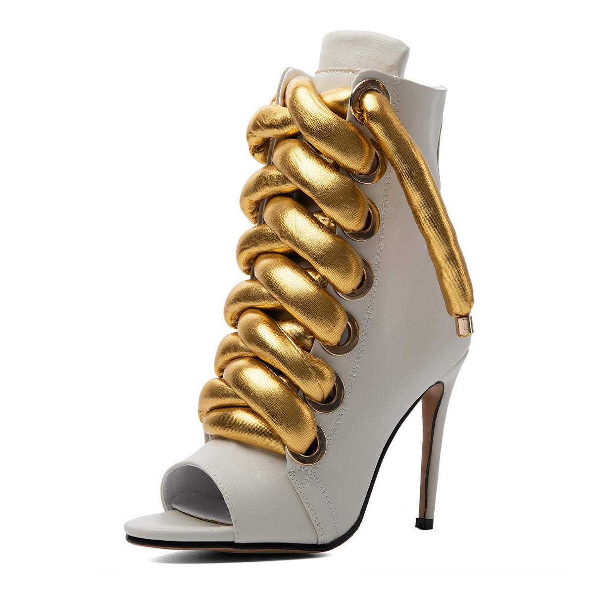 Peep Toe Thick Metallic Rope Lace-up Ankle Boots