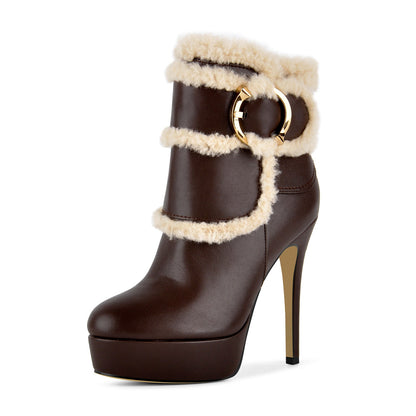 Platform Lambswool Buckle Side Zipper Ankle Boots
