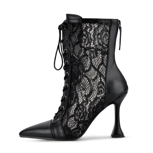 Pointed Toe Lace Mesh Lace-up Ankle Boots