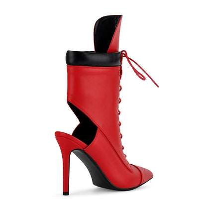 Pointed Toe Lace-up Cutout Ankle Boots