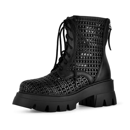 Platform Woven Cutout Lace-up Ankle Boots