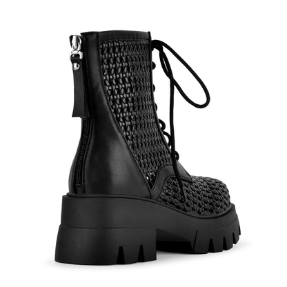 Platform Woven Cutout Lace-up Ankle Boots