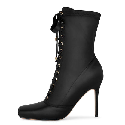Square Toe Satin Lace-up Stiletto Ankle Boots