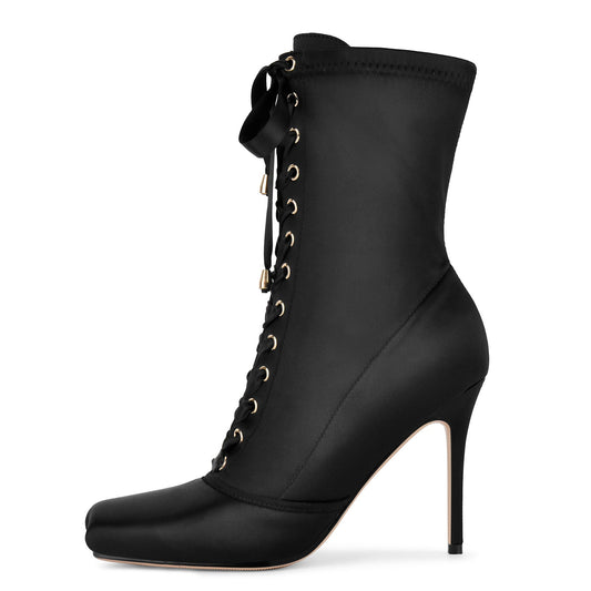 Square Toe Satin Lace-up Stiletto Ankle Boots