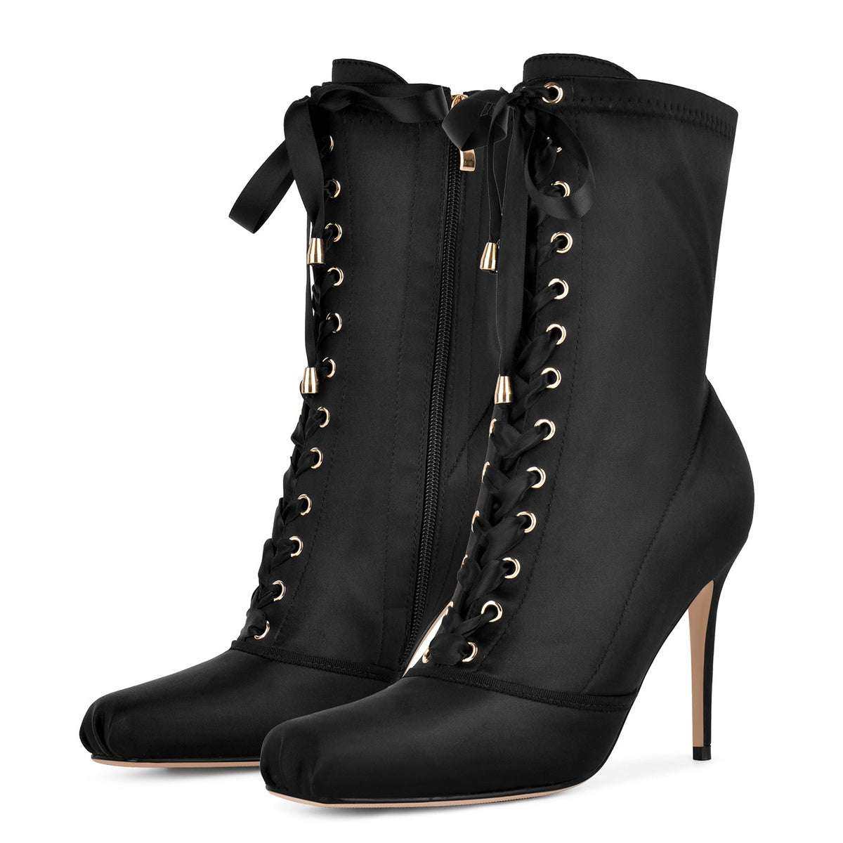 Square Toe Satin Lace-up Stiletto Ankle Boots
