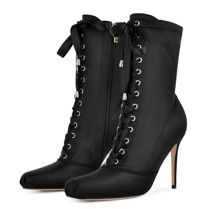 Square Toe Satin Lace-up Stiletto Ankle Boots