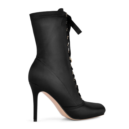 Square Toe Satin Lace-up Stiletto Ankle Boots