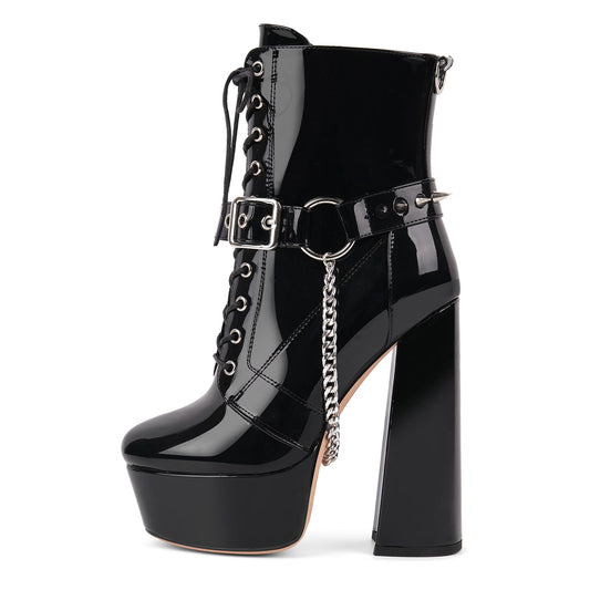 Platform Rivet Buckle Metal Chain Lace-up Ankle Boots