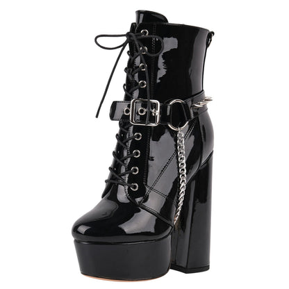 Platform Rivet Buckle Metal Chain Lace-up Ankle Boots
