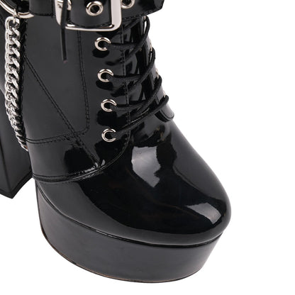 Platform Rivet Buckle Metal Chain Lace-up Ankle Boots