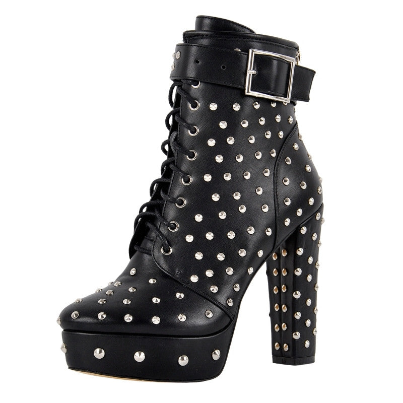 Rivet Platform Buckle Lace-up Ankle Boots