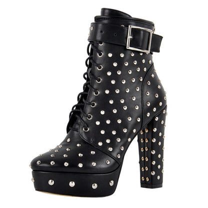 Rivet Platform Buckle Lace-up Ankle Boots