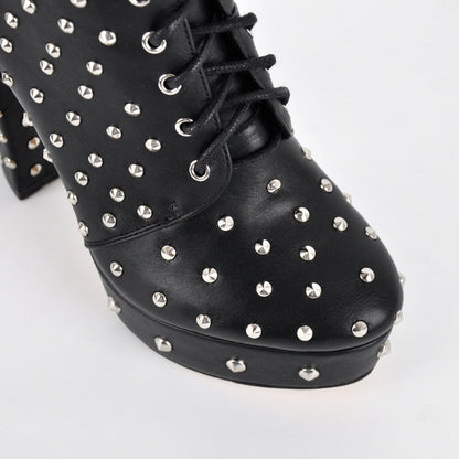 Rivet Platform Buckle Lace-up Ankle Boots