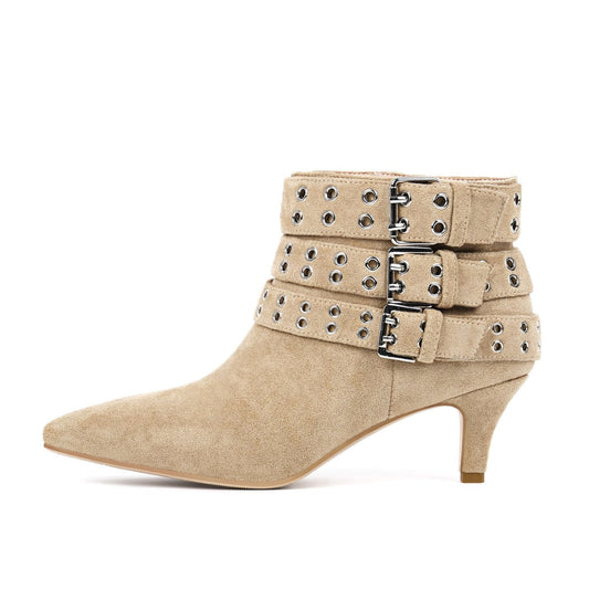 Suede Multi-Buckle Kitten Heel Ankle Boots